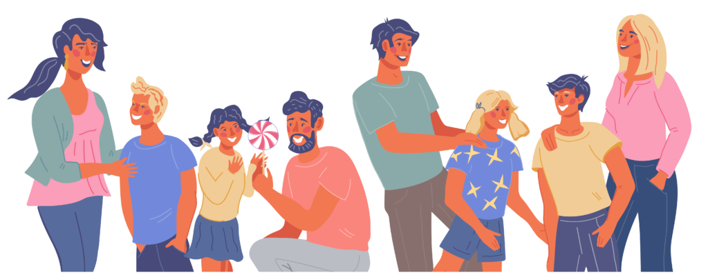 Illustration of eight people, four adults and four kids, talking and playing