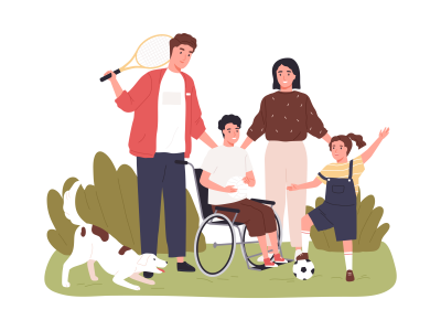 Illustration of family - two parents and one child in wheelchair and one child playing soccer