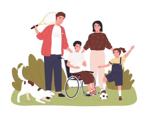 Illustration of family - two parents and one child in wheelchair and one child playing soccer