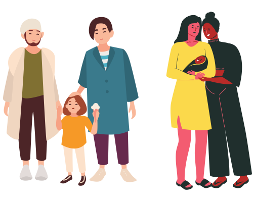 Illustration of family of three, two adults and one young child, and family of three, two women and one baby